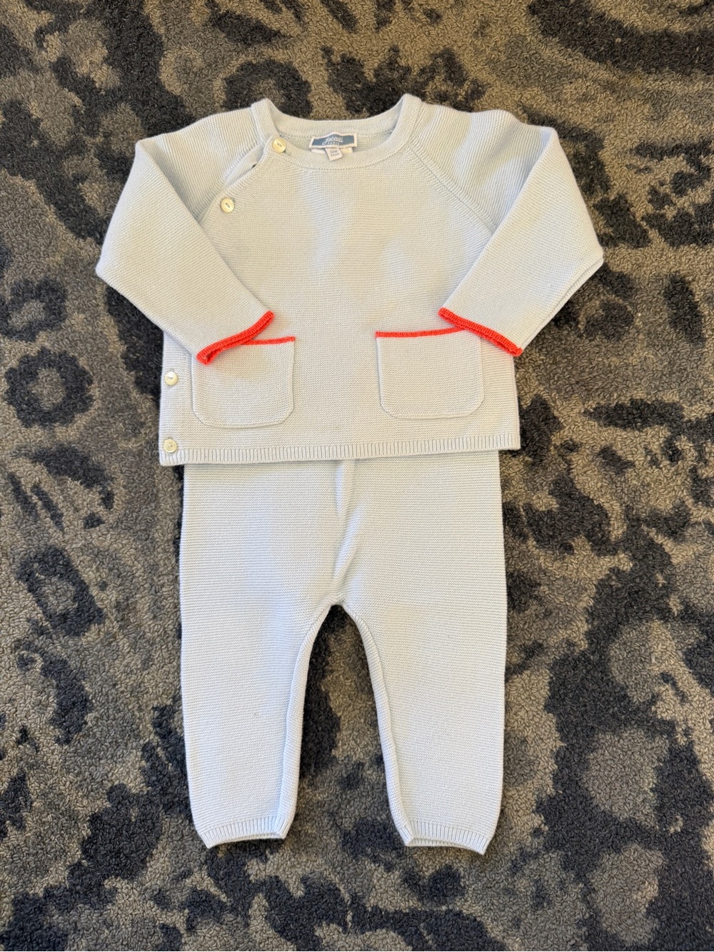 Jacadi Light Blue Knit Baby Set with Orange Trim